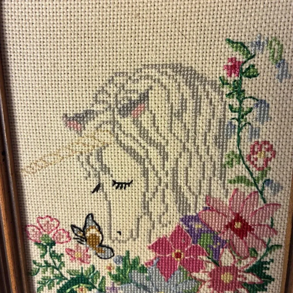 * Completed Cross Stitch HORSE & BUTTERFLY 6x8 Wood Frame